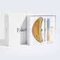 Body exfoliation tool set with wooden blade and slim oil sachet pack in box