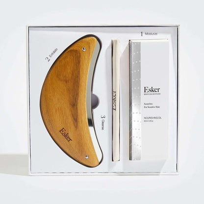 Body exfoliation tool set in box with wooden blade and two oil tubes