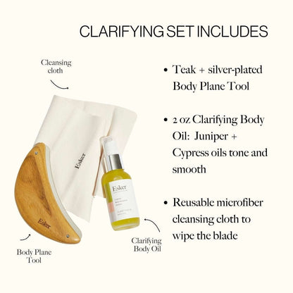 Body Plane clarifying tool set with wooden blade, white cleansing cloth, and small oil bottle
