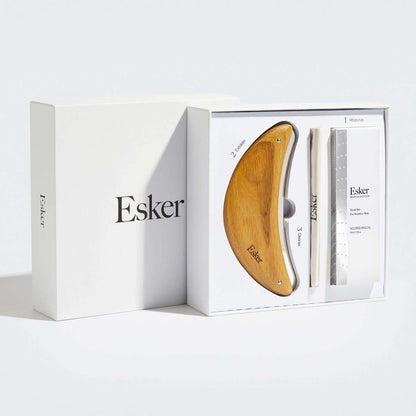 Body Plane tool set in box with wooden exfoliation blade and multiple oil bottles