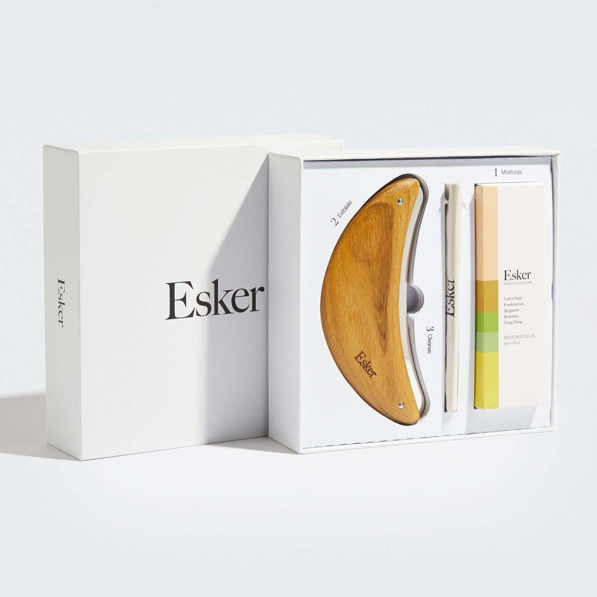 Body Plane tool set in box with wooden exfoliation blade and oil bottles