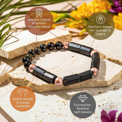 Copper-tone and black beaded bracelet on stone with rectangular spacer bars