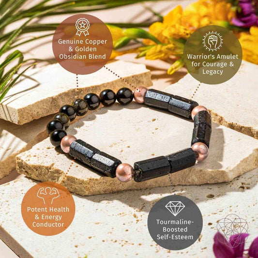 Copper-tone and black beaded bracelet on stone with rectangular spacer bars