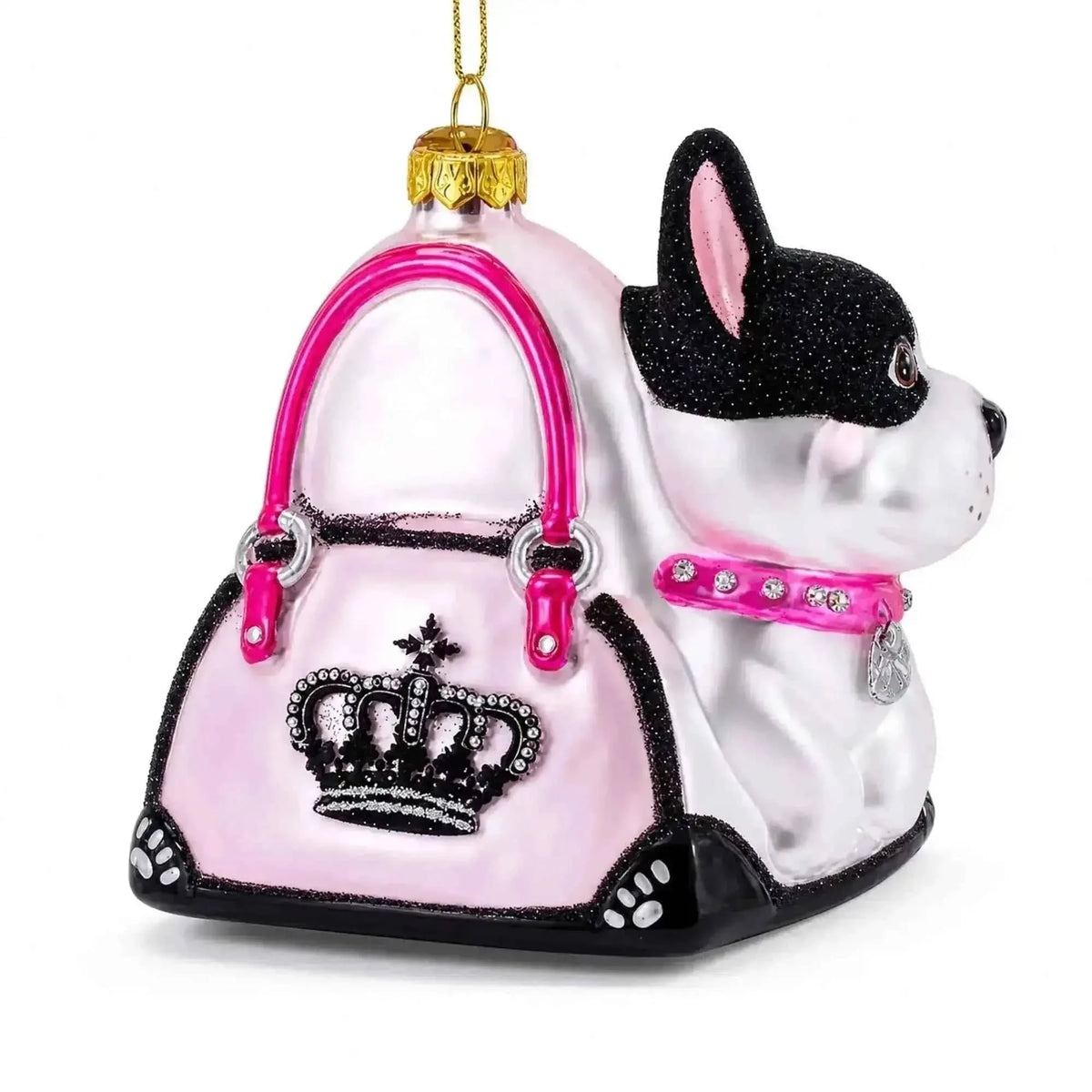 Boston Terrier in Pink Handbag Glass Christmas Ornament