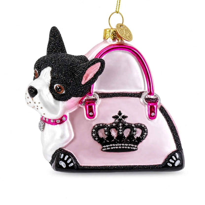 Boston Terrier in Pink Handbag Glass Christmas Ornament