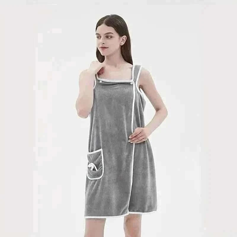 Gray wearable bath towel dress with white trim and front pocket, adult