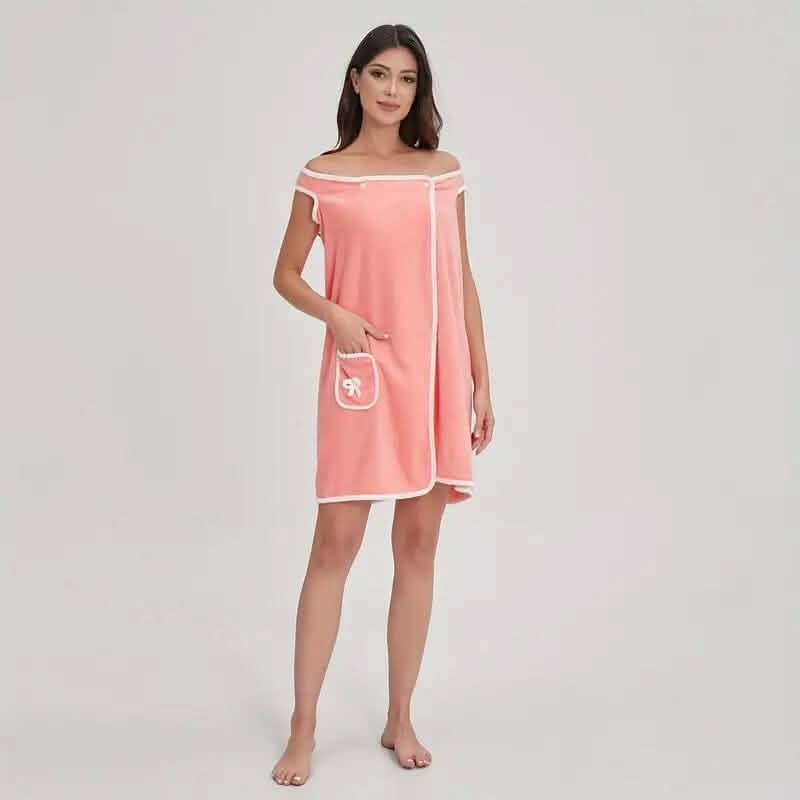Pink wearable bath towel dress with white trim and front pocket, adult