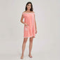 Pink wearable bath towel dress with white trim and front pocket, adult