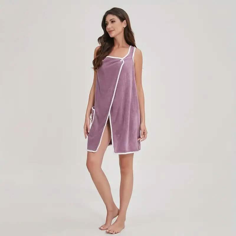 Purple wearable bath towel dress with white trim and side pocket, adult