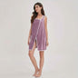 Purple wearable bath towel dress with white trim and side pocket, adult