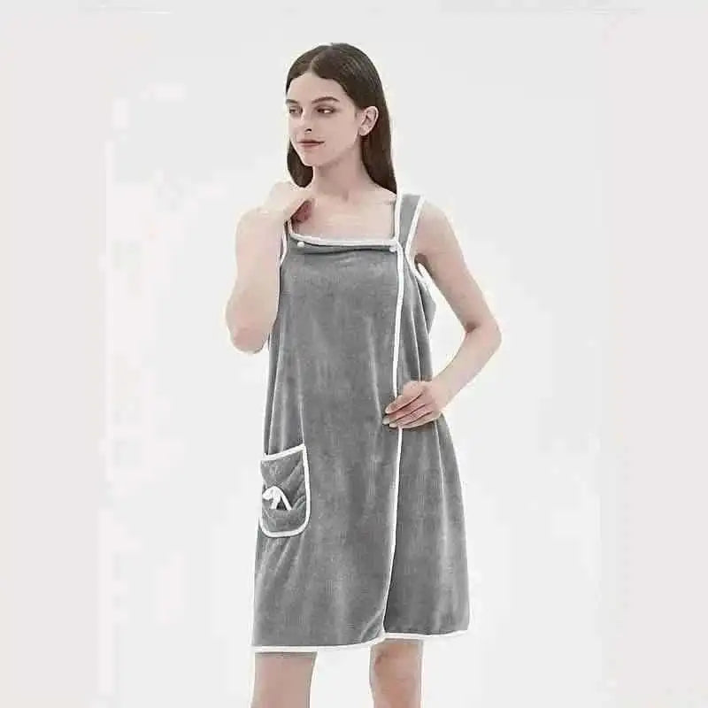 Gray wearable bath towel dress with white trim and front pocket, adult