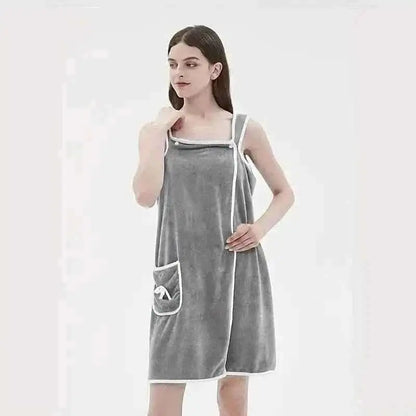 Gray wearable bath towel dress with white trim and front pocket, adult