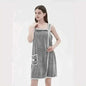 Gray wearable bath towel dress with white trim and front pocket, adult