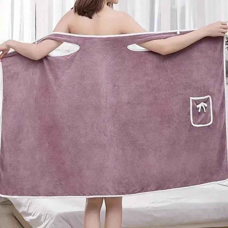 Purple wearable bath towel wrap with pocket detail and white edging