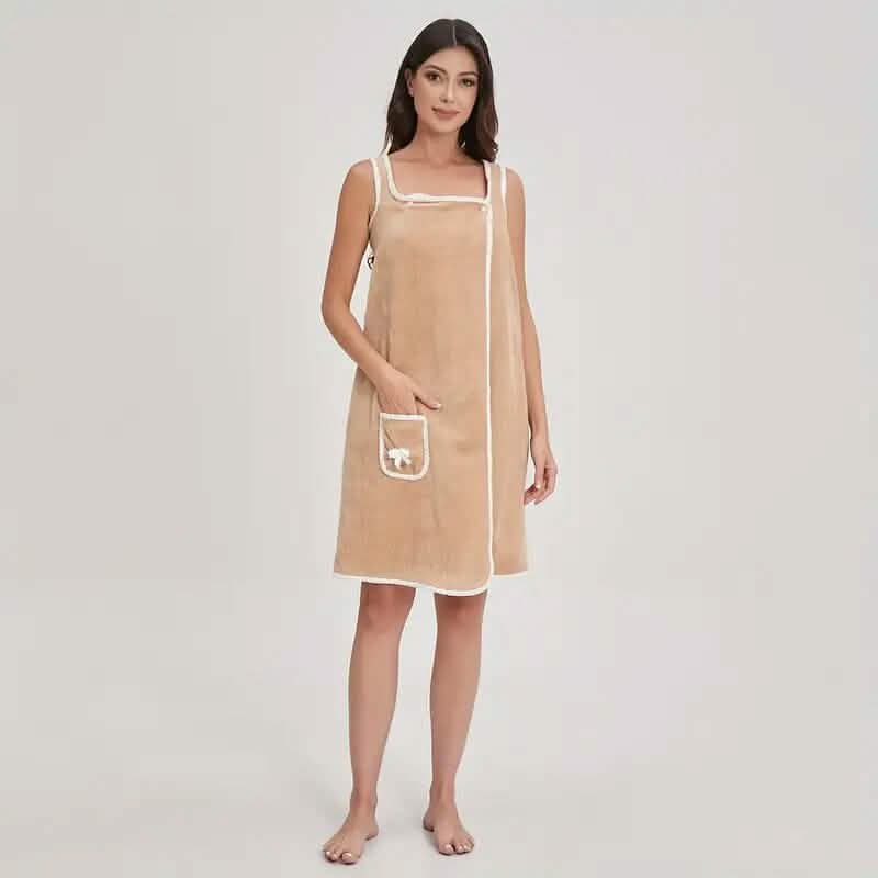 Khaki wearable bath towel dress with white trim and front pocket, adult