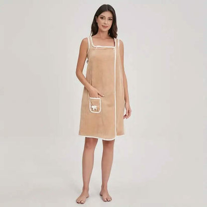 Khaki wearable bath towel dress with white trim and front pocket, adult