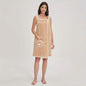 Khaki wearable bath towel dress with white trim and front pocket, adult