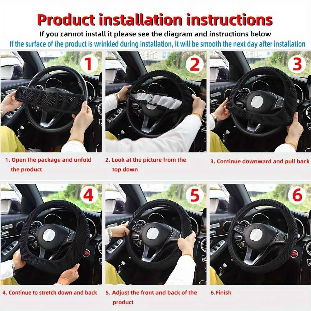 Mesh steering wheel cover being installed on a steering wheel with hands stretching it on