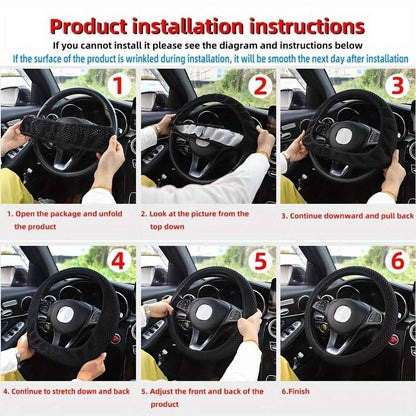 Mesh steering wheel cover being installed on a steering wheel with hands stretching it on