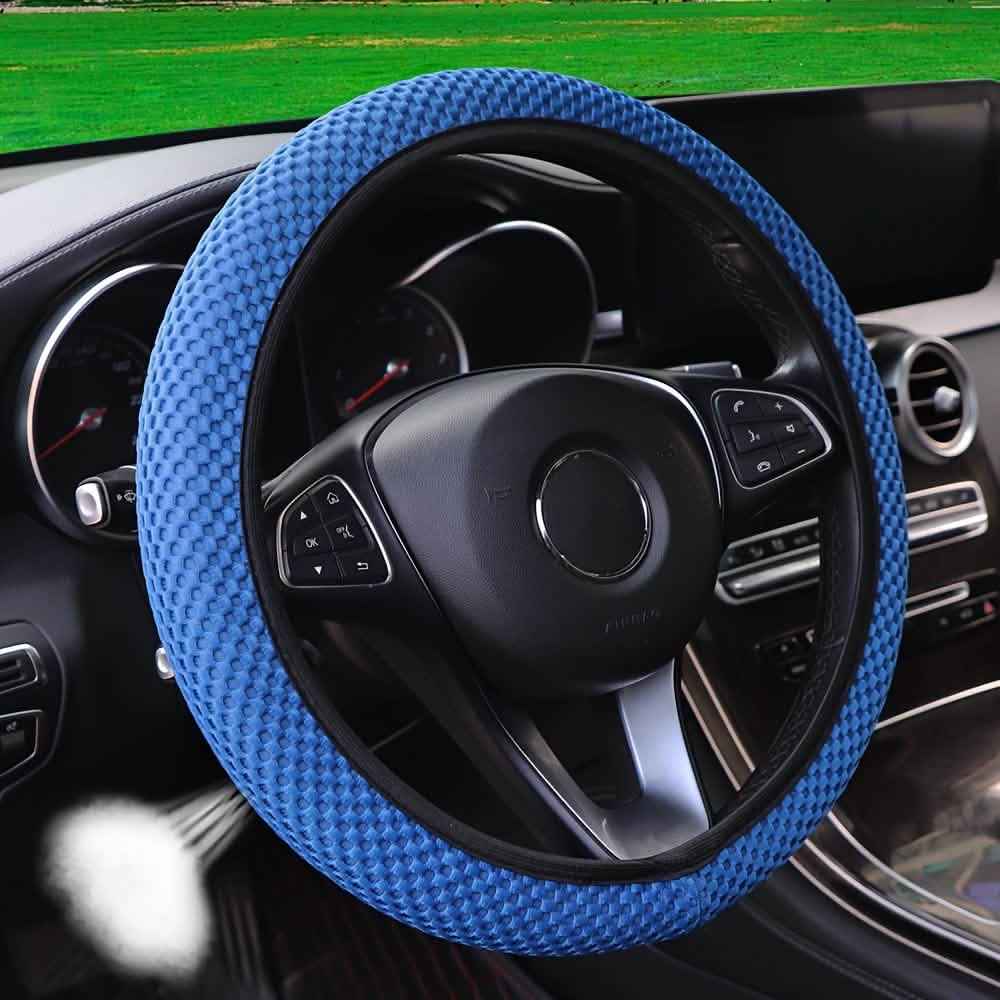 Breathable mesh steering wheel cover in blue with textured grip and black inner edge