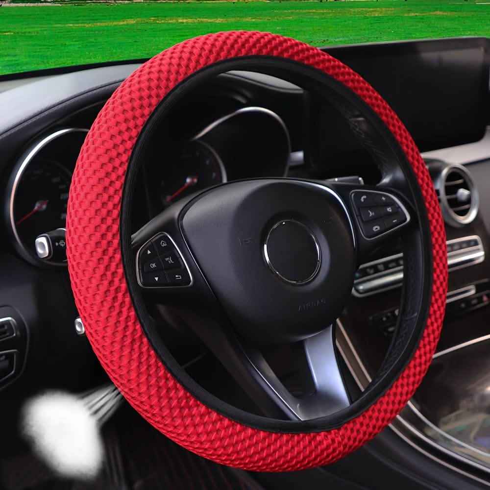 Breathable mesh steering wheel cover in red with textured grip and black inner edge