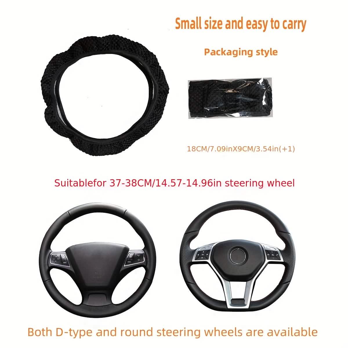 Black mesh steering wheel cover shown with packaging bag and size guidance layout