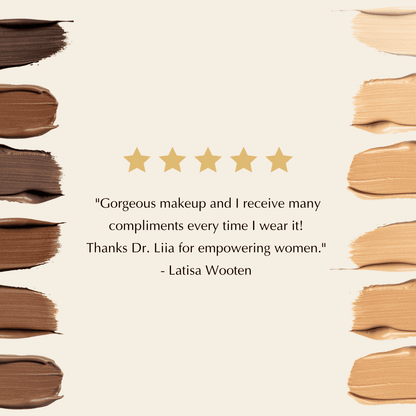 Foundation shade strip with star rating icons and testimonial text