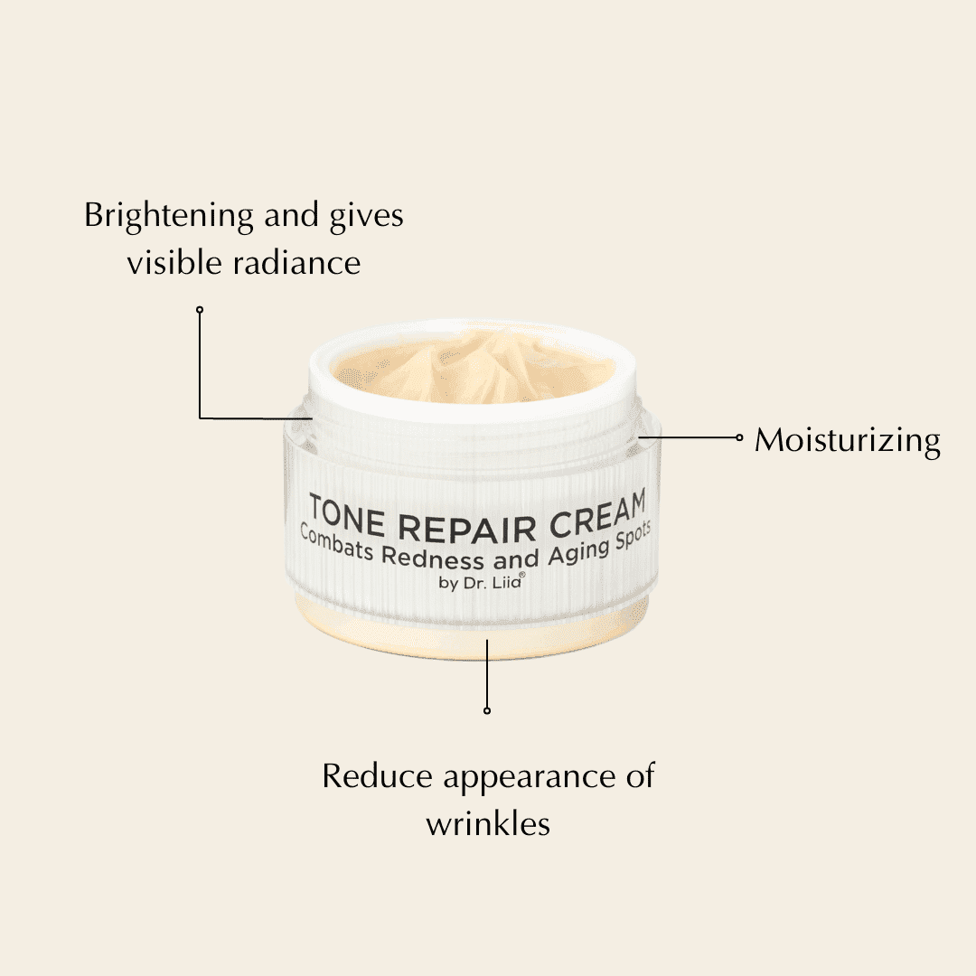 Cream jar with benefit callouts for radiance, moisturizing, and wrinkles