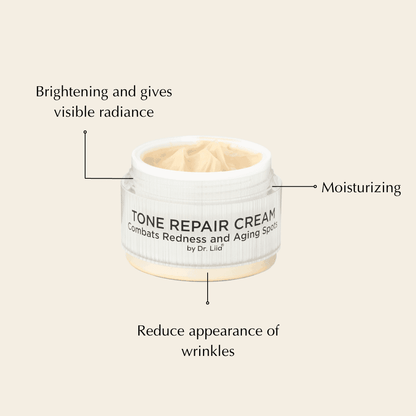 Cream jar with benefit callouts for radiance, moisturizing, and wrinkles