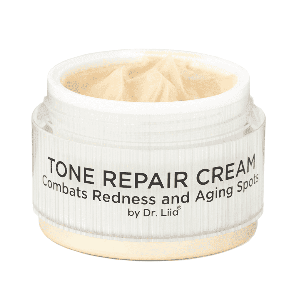 Face cream jar with open lid and pale cream inside, white ribbed label