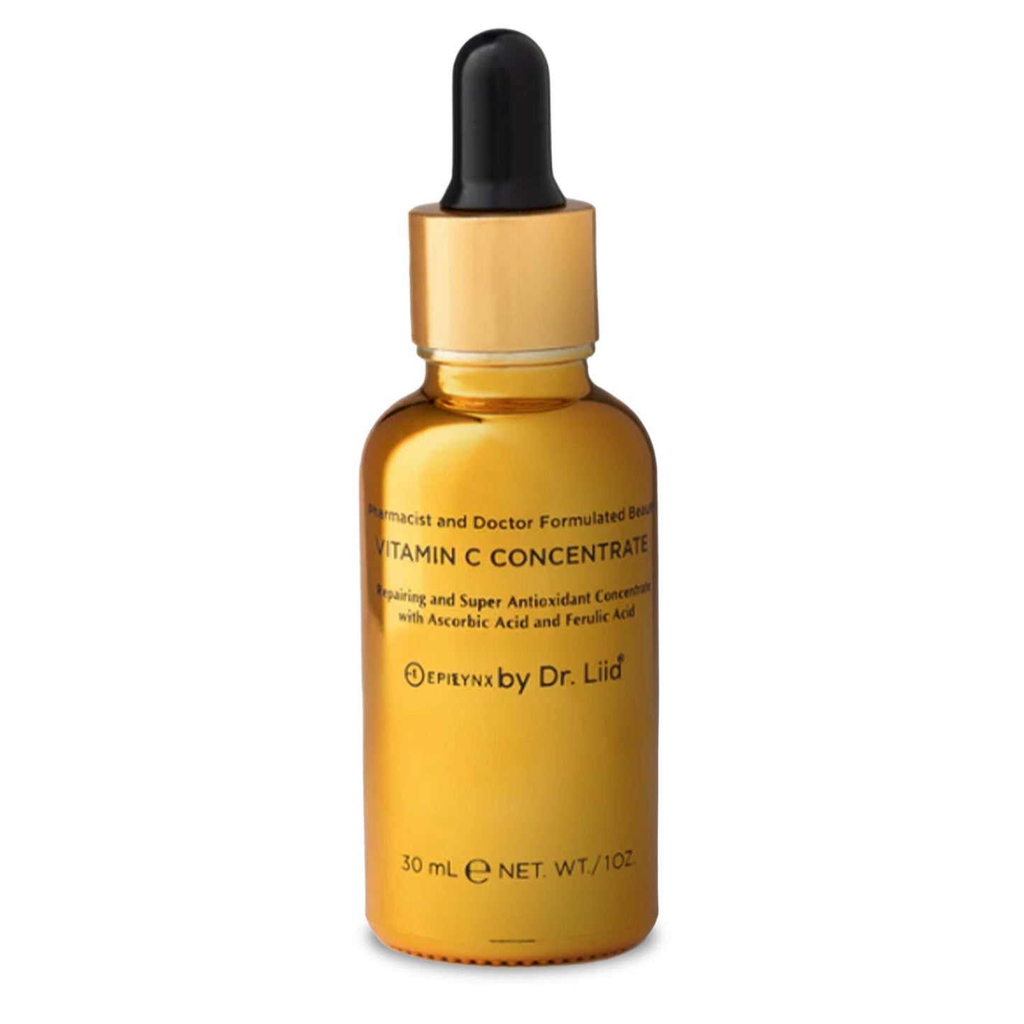 Vitamin C concentrate serum bottle with black dropper and amber liquid