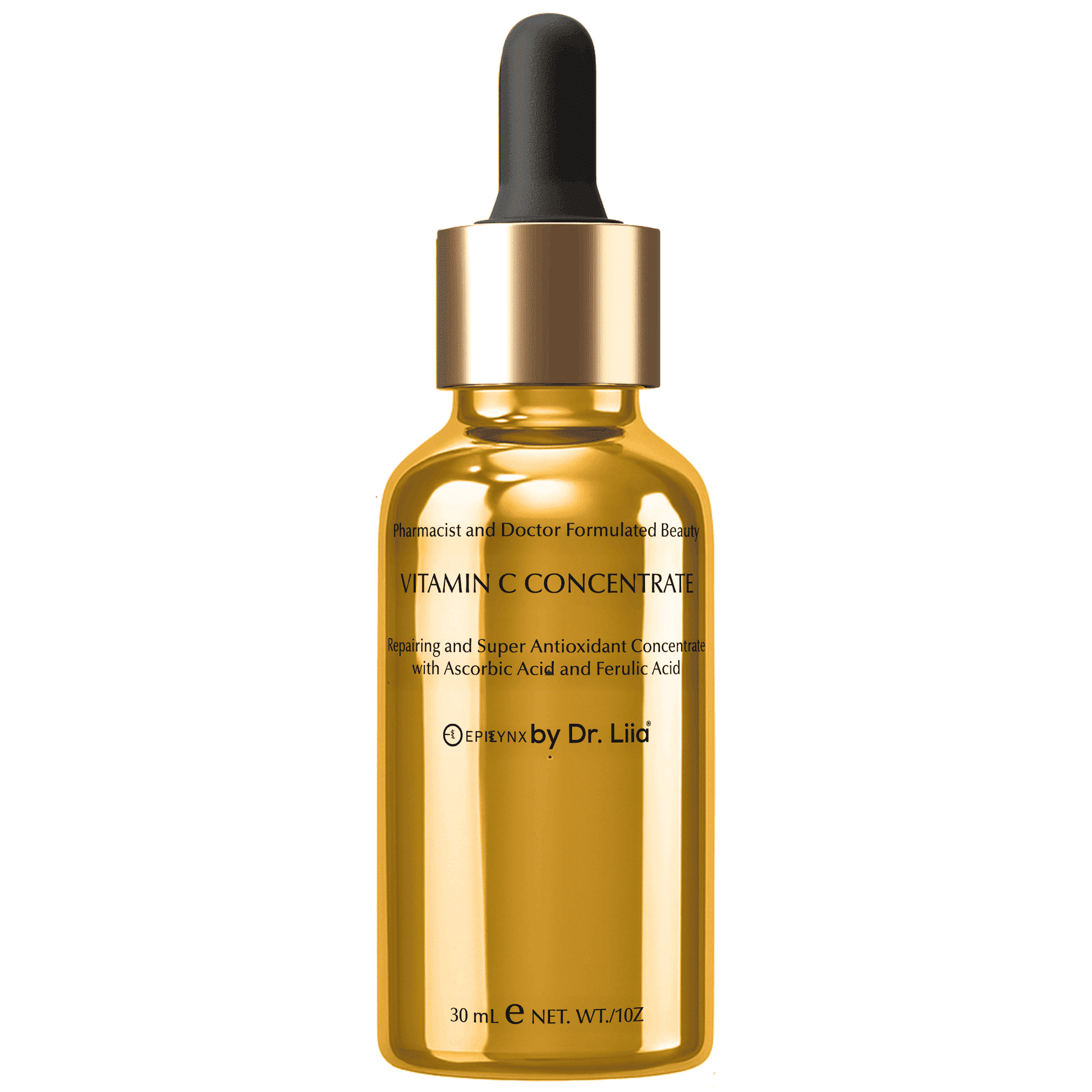 Vitamin C serum bottle with black dropper and gold metallic collar