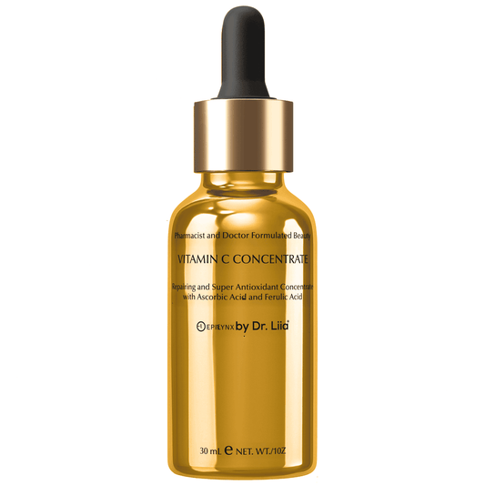Vitamin C serum bottle with black dropper and gold metallic collar