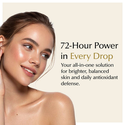 Face serum concept: woman with dewy skin and shoulder-length hair