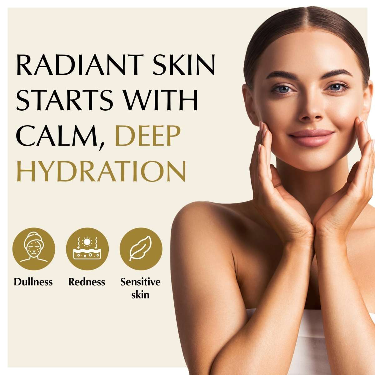 Vitamin C serum marketing panel with icons and model face
