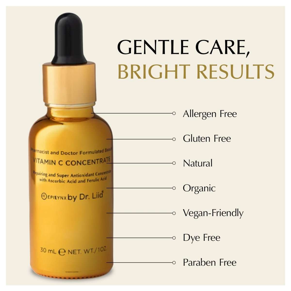 Vitamin C serum bottle with care and ingredient claims panel
