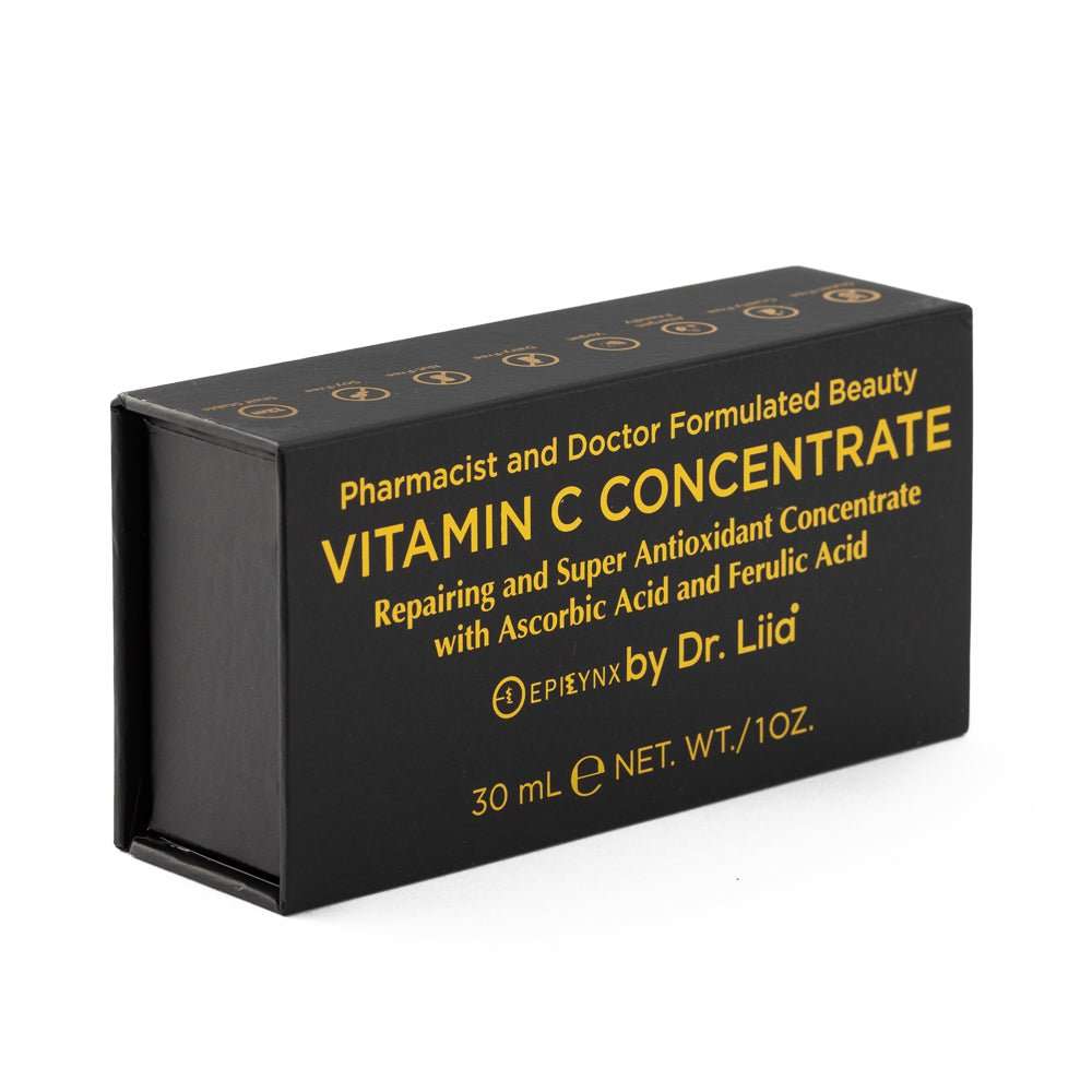Vitamin C concentrate serum box with black packaging and yellow lettering