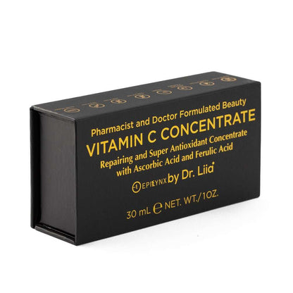 Vitamin C concentrate serum box with black packaging and yellow lettering