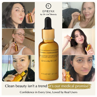 Vitamin C serum bottle centered in beauty collage layout