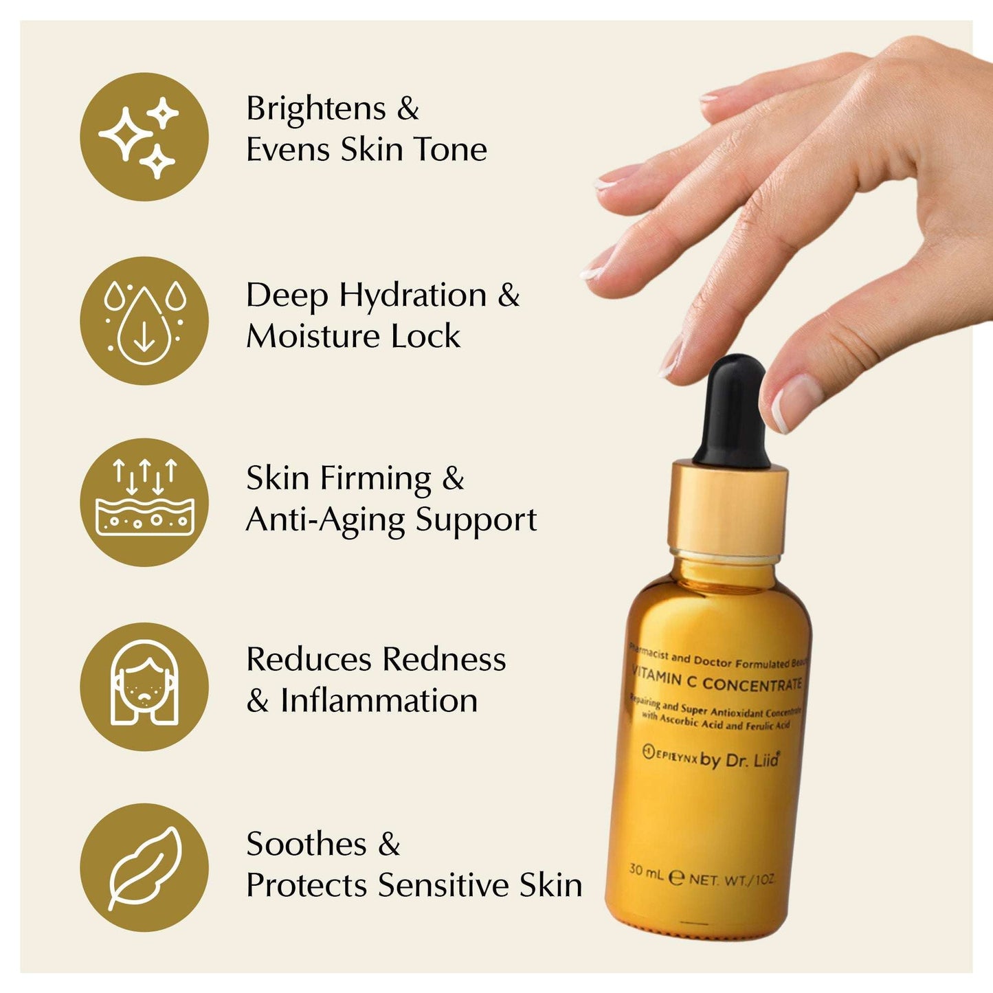 Vitamin C serum bottle with dropper in hand beside benefit icons