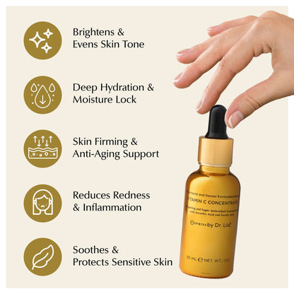 Vitamin C serum bottle with dropper in hand beside benefit icons