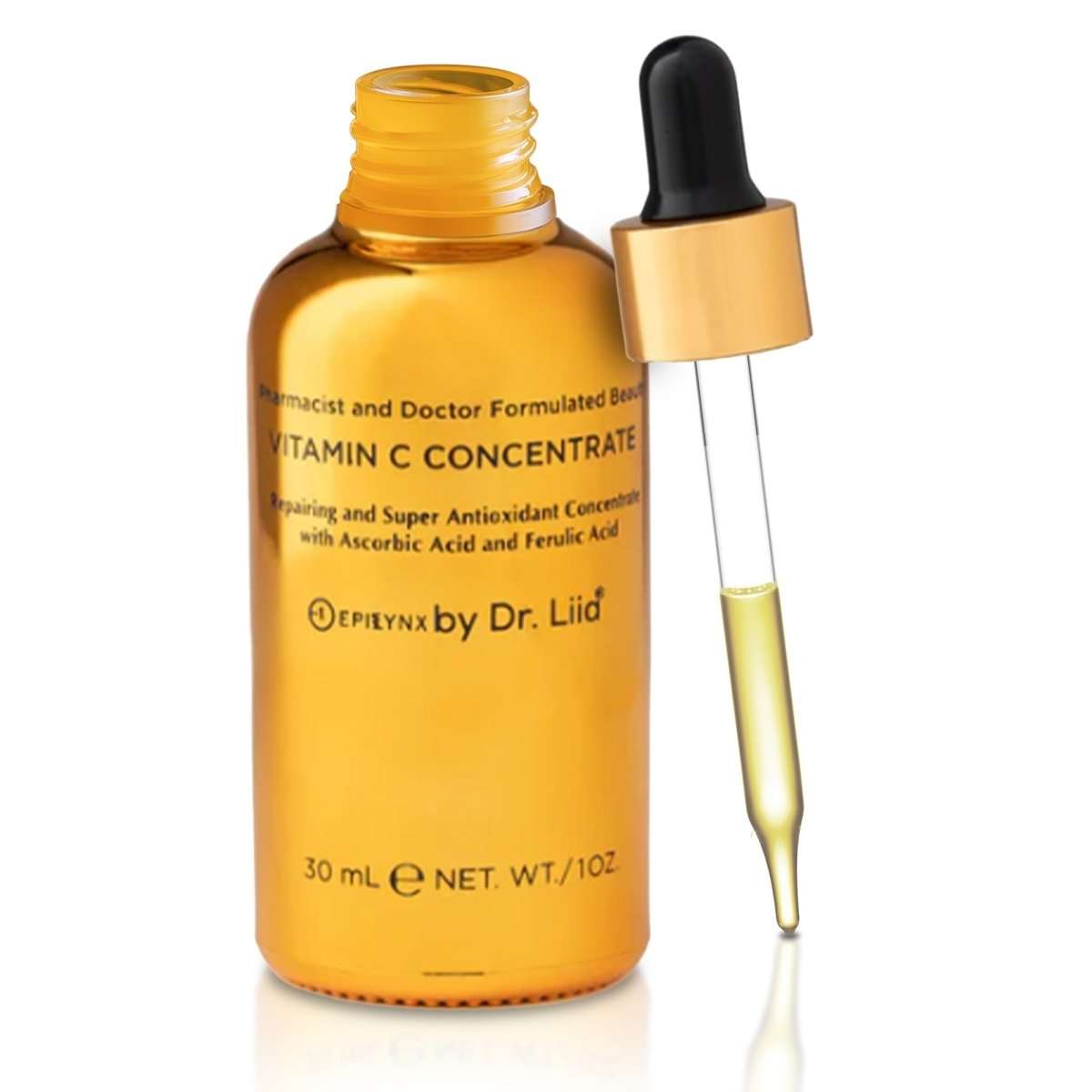 Amber vitamin C concentrate serum bottle with black dropper