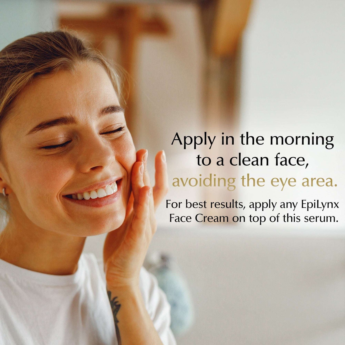 Facial serum application: woman gently pressing fingers to cheek