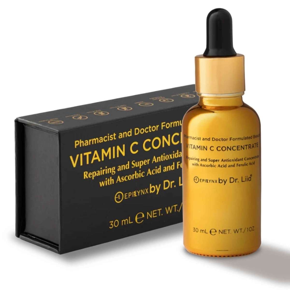 Vitamin C serum bottle with black dropper beside black concentrate box