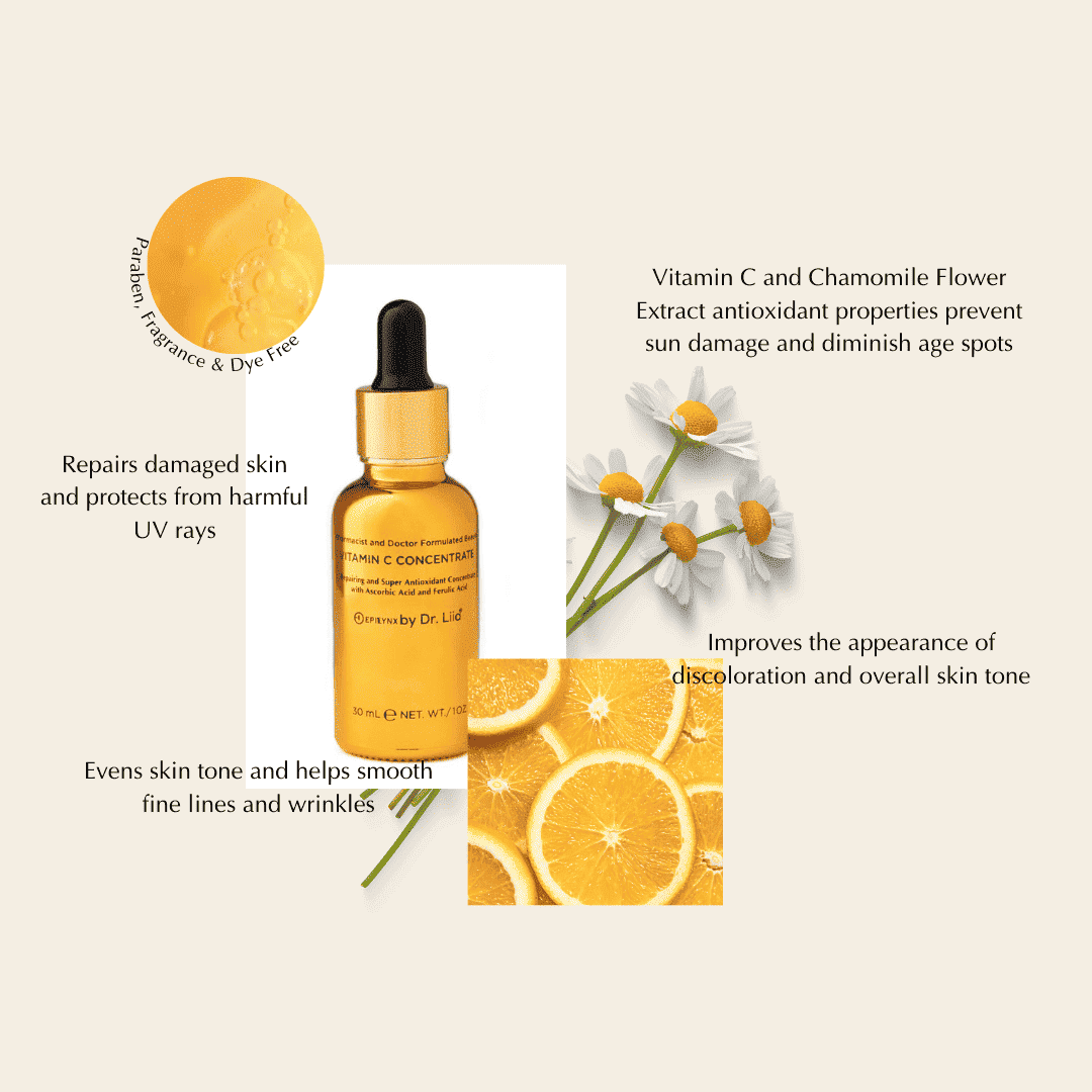 Vitamin C serum bottle with orange and chamomile accent graphics