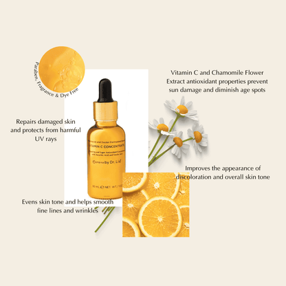 Vitamin C serum bottle with orange and chamomile accent graphics