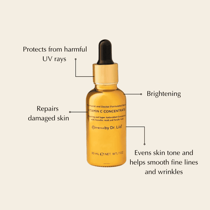 Golden serum bottle with black dropper and benefit callout arrows