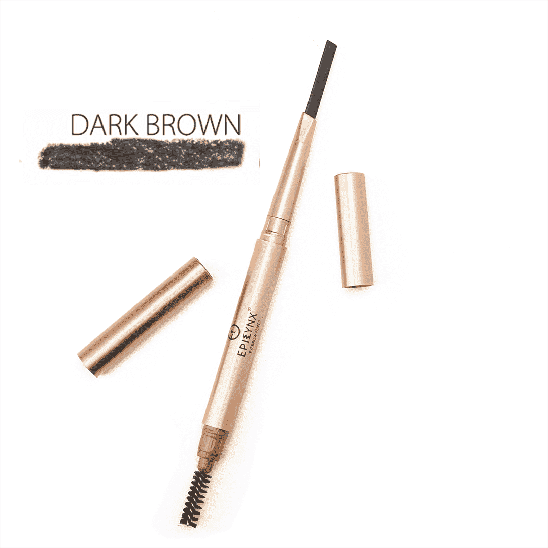 Dark-brown eyebrow pencil with spoolie brush, retractable tip, and filled swatch