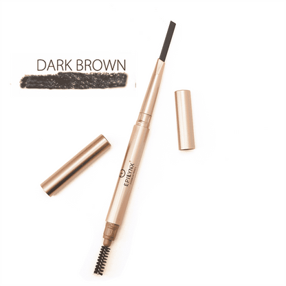 Dark-brown eyebrow pencil with spoolie brush, retractable tip, and filled swatch