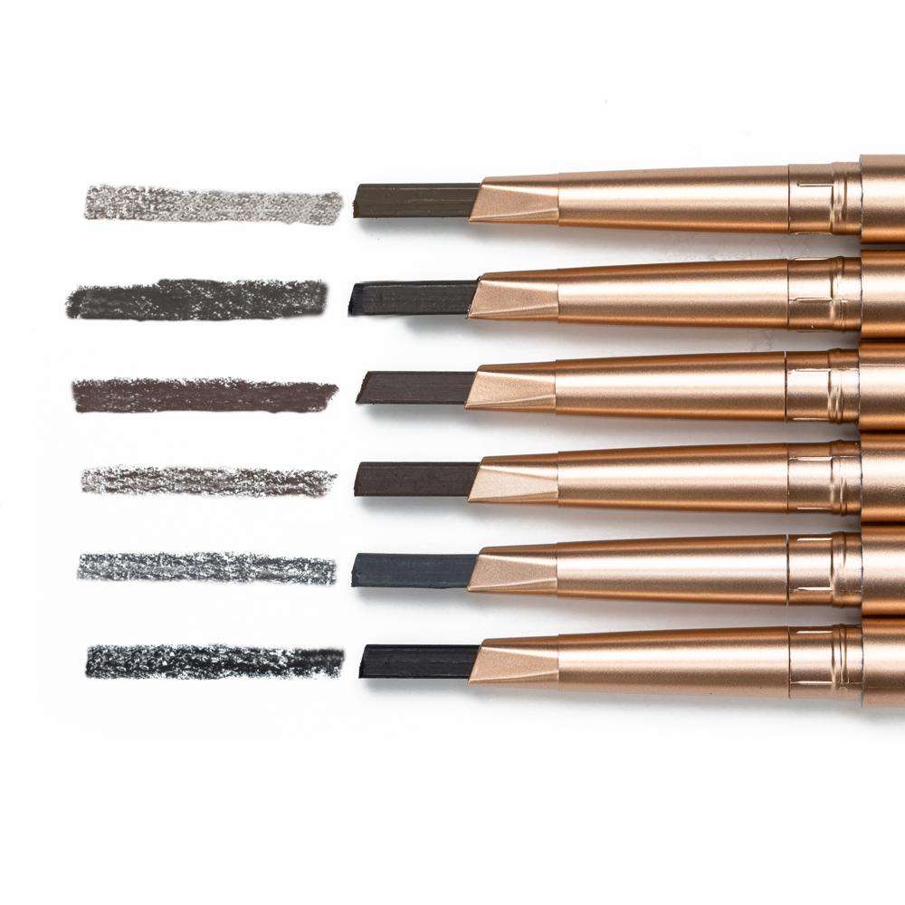 Assorted eyebrow pencils with multiple brown and gray swatches, showing pencil tips